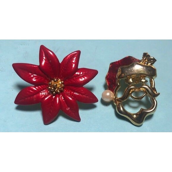 2 Christmas brooches or pins-Santa & Poinsettia-EUC - Picture 2 of 3